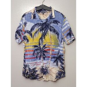 Club Room Blue Yellow Palm Tree Hawaiian Button-Down Shirt